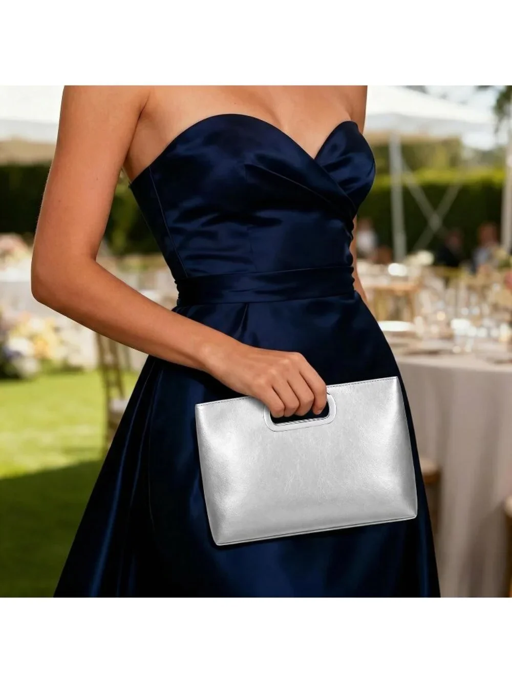 Women's Silver Clutch Handbag Modern Faux Leather with Metal Handle Evening Bag